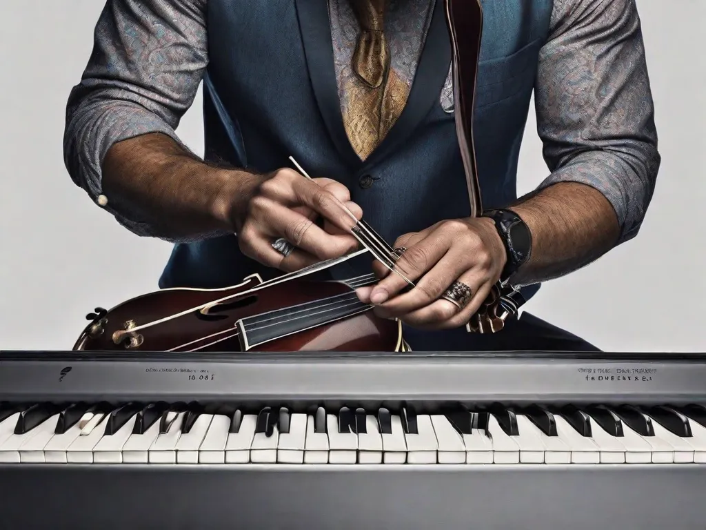 Uma imagem em close das mãos de um músico tocando um instrumento único, com os dedos delicadamente tocando as cordas ou teclas. A imagem captura a paixão e curiosidade do artista enquanto ele explora novos sons, criando uma harmoniosa mistura de melodias e ritmos.