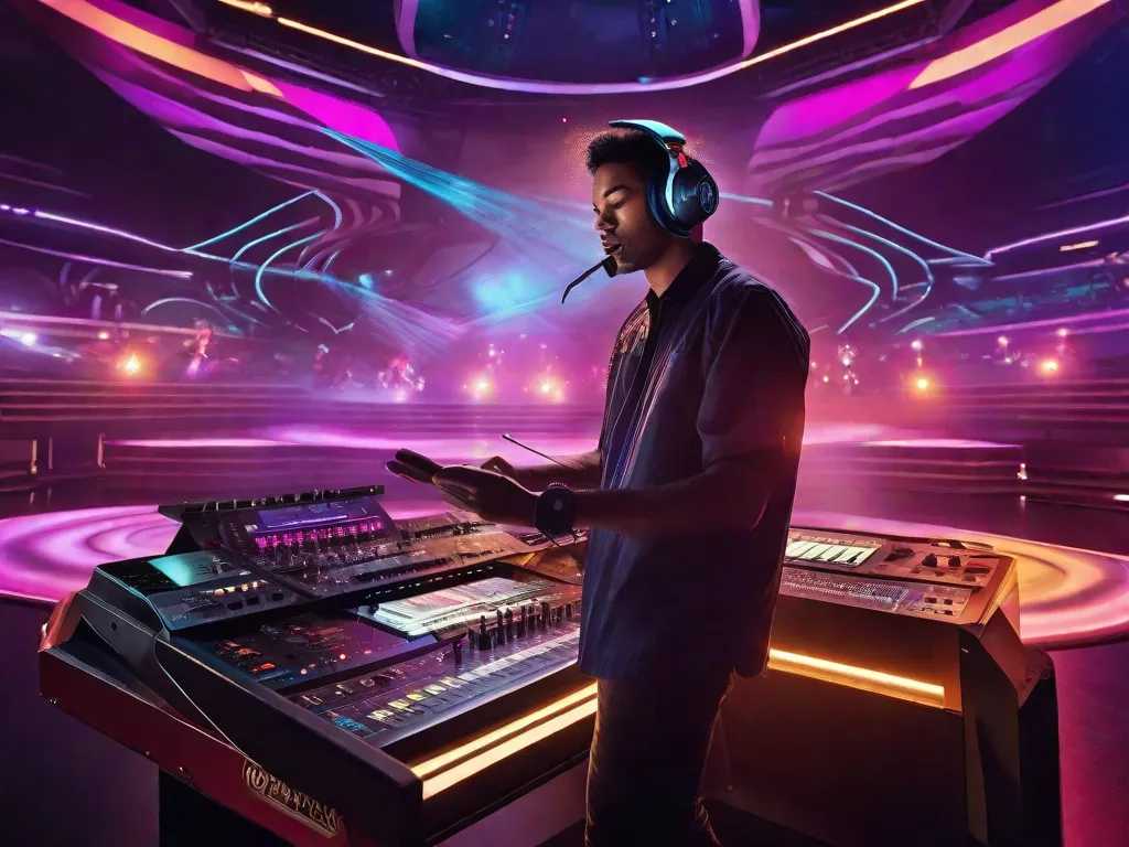 Uma imagem em close de um músico no palco, cercado por uma variedade futurista de instrumentos e equipamentos eletrônicos. O artista está usando um headset que permite controlar a música com gestos das mãos, mostrando os avanços tecnológicos de ponta na indústria musical. As luzes vibrantes e a atmosfera energética enfatizam a fusão entre tecnologia e criatividade no pal