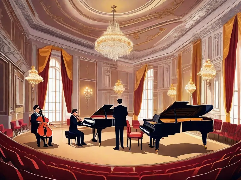 Descrição: Um grupo de músicos, elegantemente vestidos em trajes formais, executando uma peça de música de câmara em uma sala de concertos lindamente decorada. Os músicos estão tocando vários instrumentos, incluindo um violino, violoncelo, piano e flauta, criando uma experiência musical harmoniosa e cativante para o público. O ambiente está cheio de paixão, habilidade e