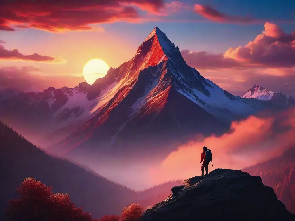 Uma imagem em close-up de um pico de montanha, com o sol nascendo atrás dele, simbolizando a jornada da vida e a busca pelo sucesso. As cores vibrantes do céu e a silhueta majestosa da montanha nos inspiram e nos motivam a superar desafios e alcançar novas alturas.