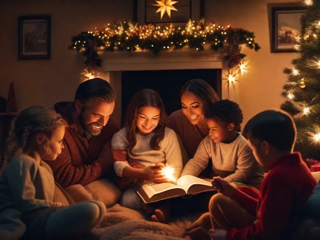 Uma bela imagem de uma família reunida ao redor de uma lareira aconchegante, com a suave iluminação das luzes de Natal iluminando o cômodo. Eles estão segurando uma Bíblia aberta na história do Nascimento, compartilhando a eterna história do nascimento de Jesus e o verdadeiro significado do Natal.