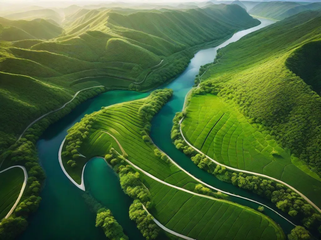 Descrição: Uma fotografia aérea de tirar o fôlego captura a beleza de uma paisagem urbana vista de cima. Os arranha-céus altos criam uma linha do horizonte hipnotizante, enquanto o rio sinuoso adiciona um toque de serenidade. Essa imagem mostra a perspectiva única e os desafios enfrentados pelos fotógrafos aéreos, que habilmente