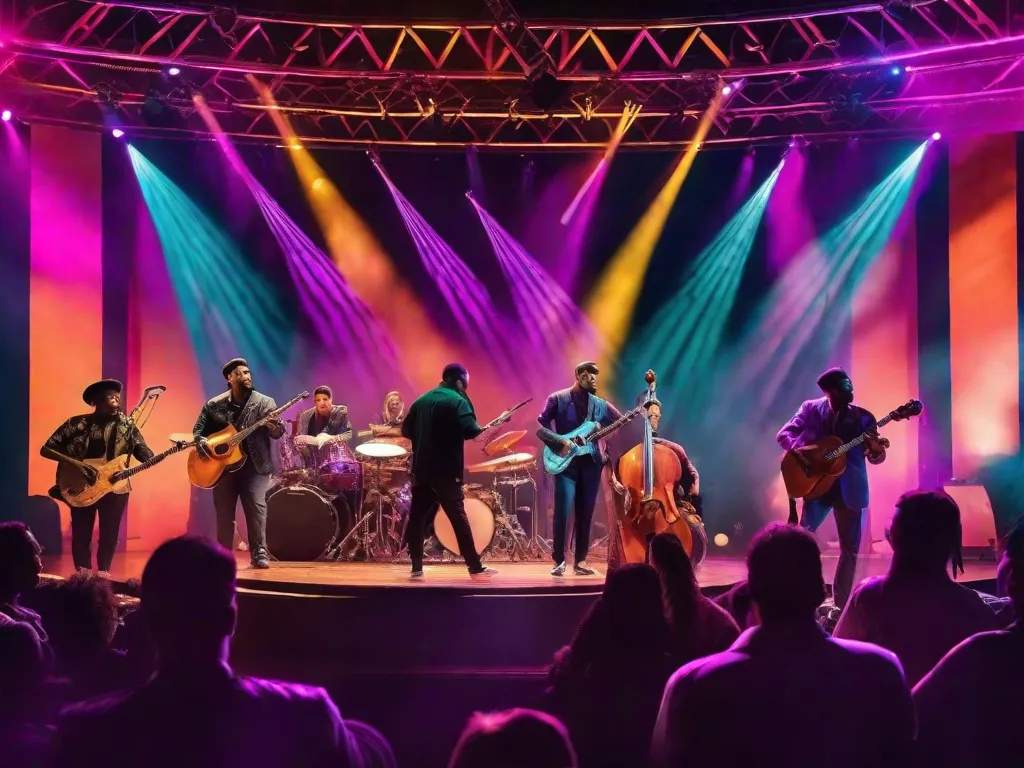 Uma imagem de um palco de concerto vibrante com músicos de gêneros diversos se unindo, mostrando seus instrumentos e estilos únicos. A plateia está cativada pela fusão de melodias, criando uma mistura harmoniosa de sons que transcende as fronteiras musicais tradicionais.