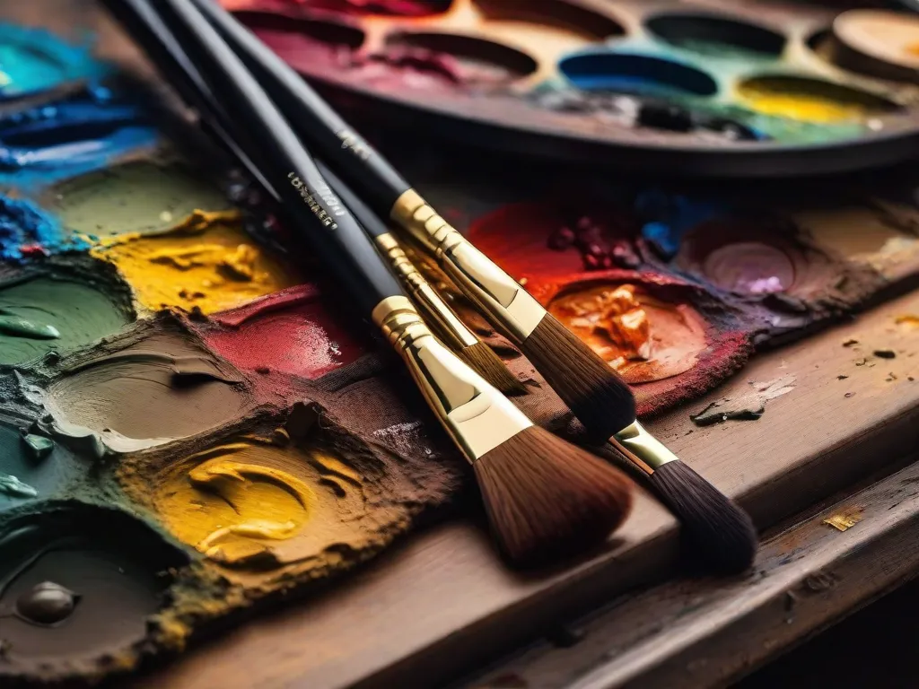 Uma imagem em close-up de uma paleta cheia de tintas a óleo vibrantes, mostrando as cores ricas e texturizadas. Os pincéis descansam ao lado da paleta, prontos para dar vida à tela. A imagem captura a beleza atemporal e o legado da pintura a óleo como forma de arte.