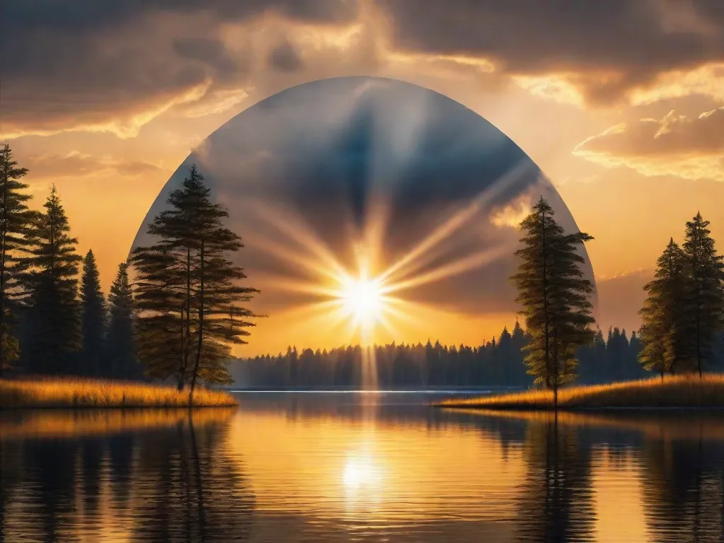 Um tranquilo pôr do sol sobre um lago sereno, com raios de luz dourada atravessando as nuvens, simbolizando o conforto infinito e a paz que Deus oferece àqueles que buscam consolo nele.