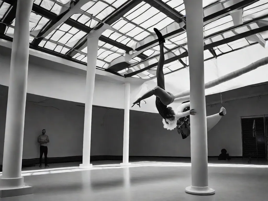 Uma fotografia em preto e branco captura um artista suspenso no ar, contorcido em uma pose desafiadora da gravidade. A imagem mostra a evolução da arte performática, com o corpo do artista se curvando e torcendo em uma exibição intricada de expressão física. A plateia assiste maravilhada enquanto os limites das formas tradicionais de arte são desafiados e re