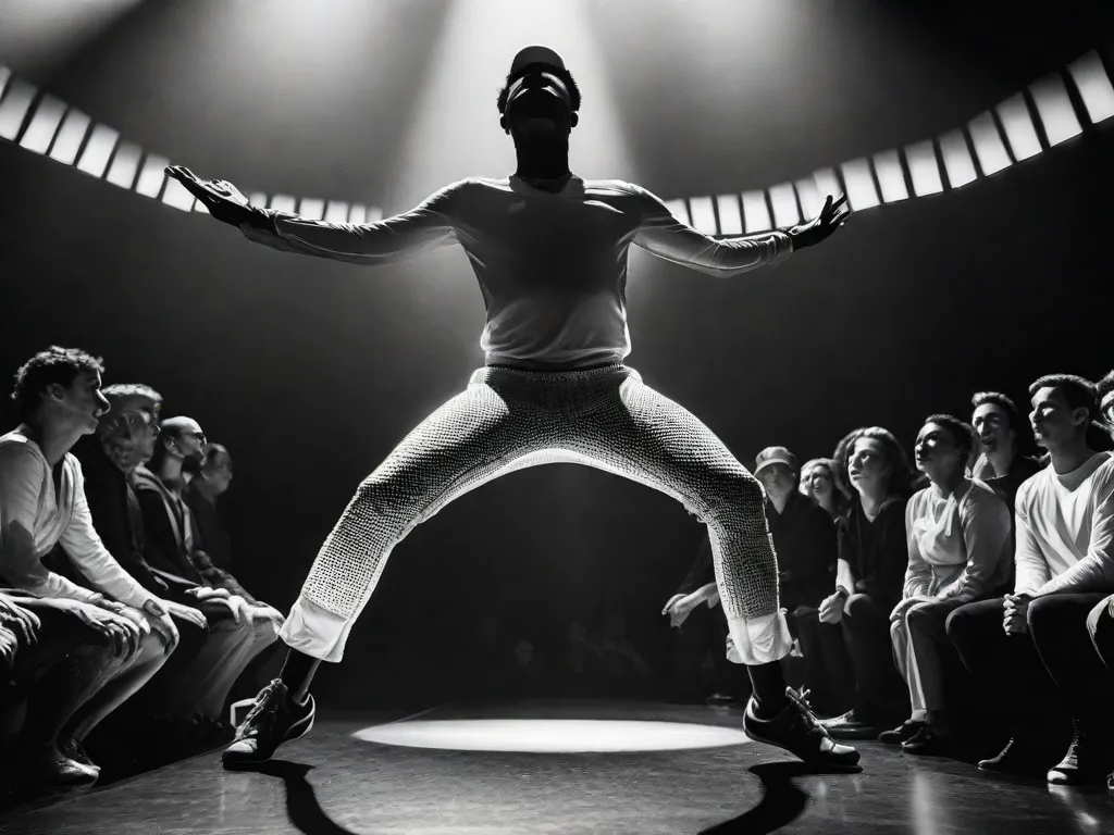 Uma fotografia em preto e branco captura um palco com um holofote iluminando um artista no ar, contorcendo seu corpo em uma forma intrincada. A plateia assiste maravilhada enquanto a expressão do artista retrata uma mistura de intensidade e vulnerabilidade, incorporando a evolução da arte performática.