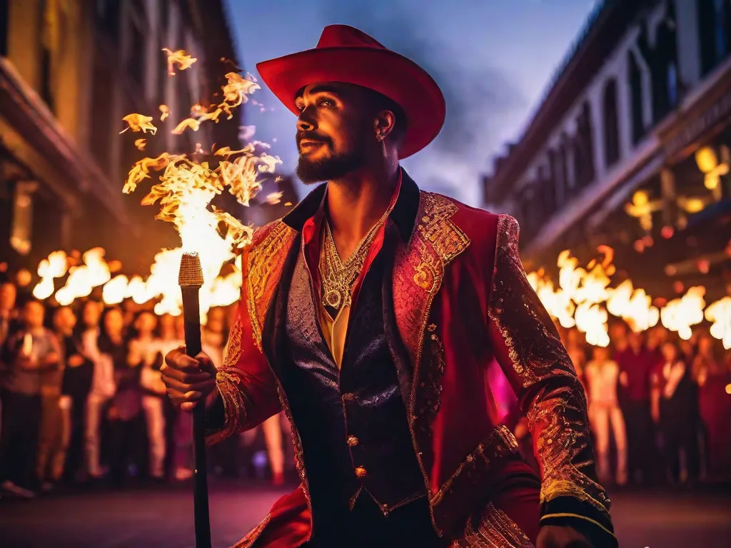 Uma imagem vibrante de um artista de rua cativando uma plateia com uma dança hipnotizante com fogo. Os movimentos graciosos do artista e o espetáculo de fogo criam uma atmosfera de empolgação e admiração, exibindo a inovação e criatividade que podem ser encontradas no teatro de rua contemporâneo.