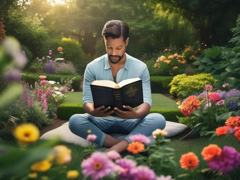 Imagem: Uma pessoa sentada em um jardim tranquilo, rodeada por vegetação exuberante e flores coloridas. Ela está segurando uma Bíblia nas mãos, aberta no Salmo 91. A pessoa tem uma expressão calma no rosto, irradiando uma sensação de tranquilidade e alívio da ansiedade.