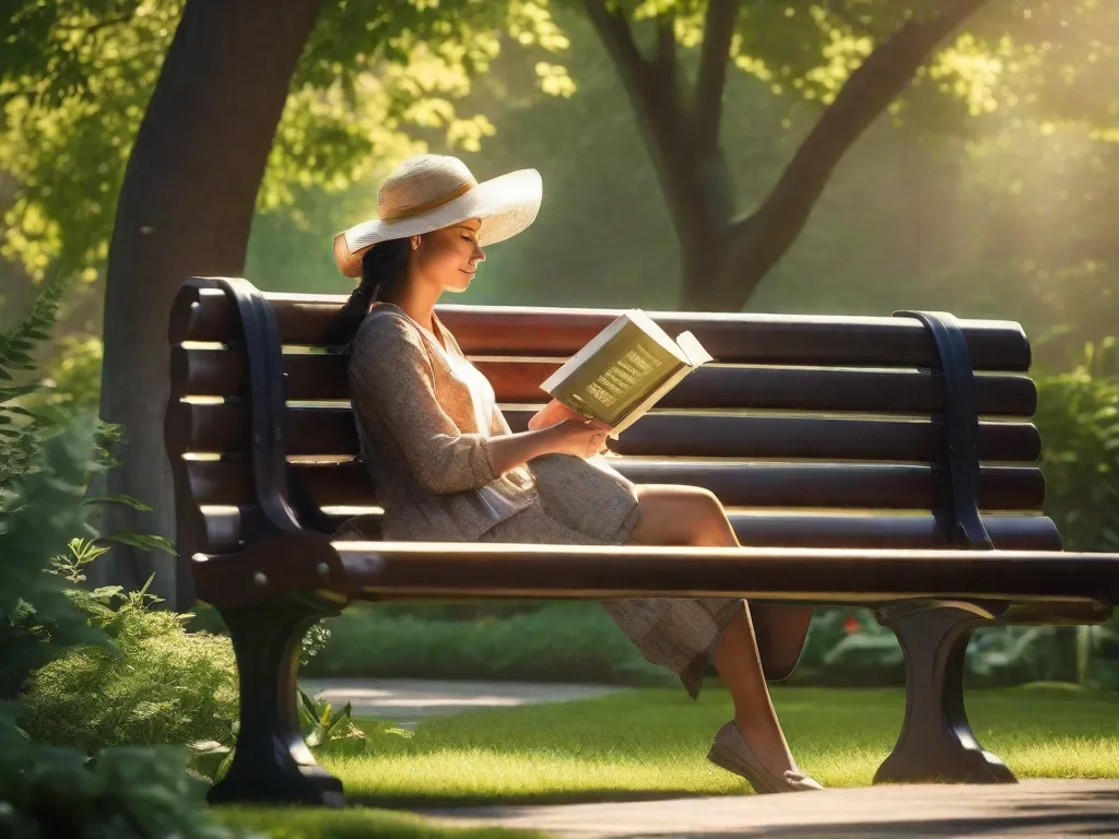 Descrição: Uma imagem serena de uma pessoa sentada em um banco de parque, cercada por vegetação exuberante. Ela está absorta em um livro, desfrutando da tranquilidade e da solidão do momento. A luz do sol atravessa as árvores, lançando um brilho quente sobre a cena.