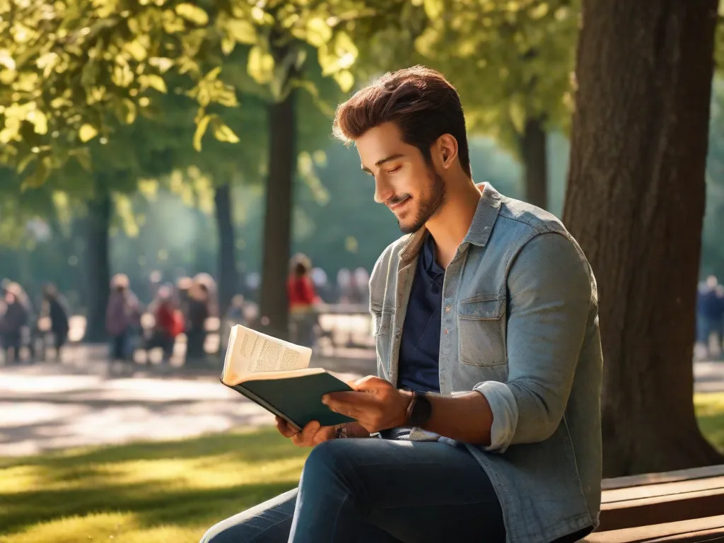 Uma foto de uma pessoa sentada em um banco de parque, aproveitando sua pausa para o almoço, com um livro aberto em suas mãos. A luz do sol passa pelos galhos das árvores, criando uma atmosfera serena enquanto eles se envolvem no mundo da literatura.