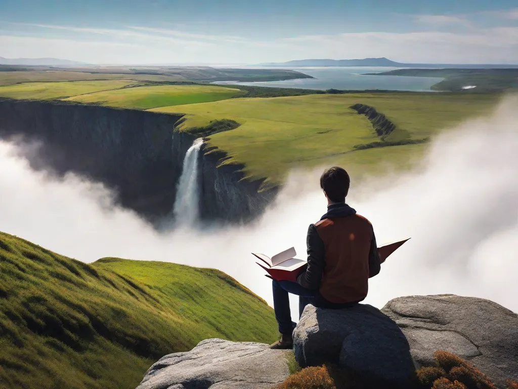 Uma foto de uma pessoa em pé na beira de um penhasco, olhando para uma paisagem vasta e bonita. Em suas mãos, eles seguram um livro intitulado 