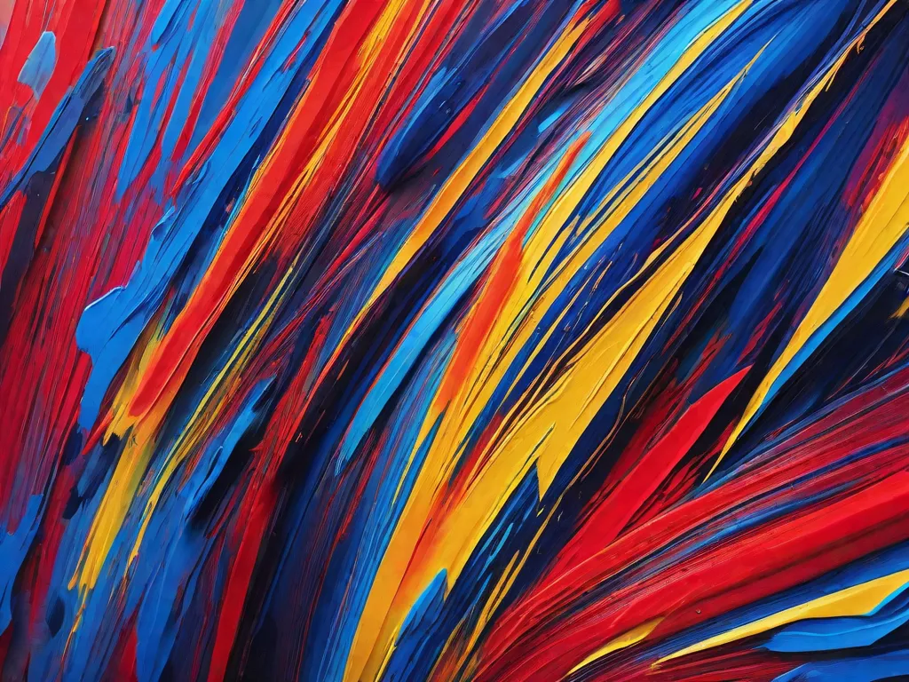 Uma imagem em close-up de uma pintura abstrata vibrante que combina cores ousadas como azul elétrico, vermelho ardente e amarelo neon. As cores se misturam e contrastam de forma dinâmica e chamativa, criando uma composição visualmente marcante e energética.