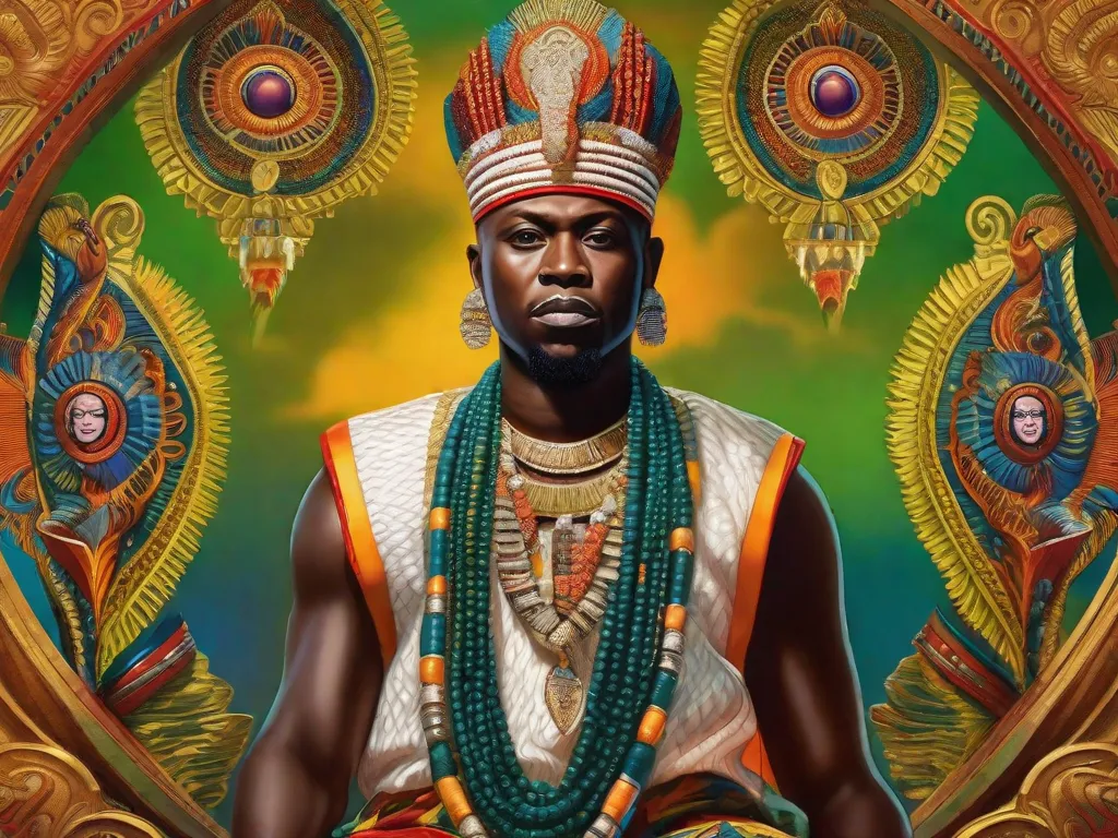 Uma imagem que representa uma pintura vibrante de uma divindade iorubá, adornada com padrões intrincados e cores vibrantes. A presença majestosa da divindade mostra a rica simbologia e importância cultural da iconografia afro-brasileira, destacando a importância de valorizar e apreciar esses símbolos poderosos na sociedade contemporânea.