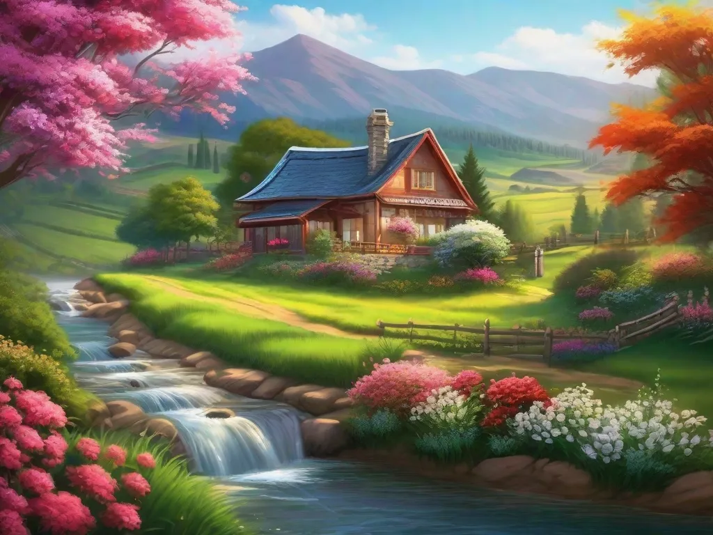 Uma vibrante pintura digital de uma paisagem cênica com um toque tradicional. A imagem mostra uma pitoresca zona rural com colinas ondulantes, uma casa pitoresca e flores em floração. A habilidosa combinação de técnicas tradicionais e pintura digital do artista realça a beleza da cena em cores vivas e detalhes intricados.