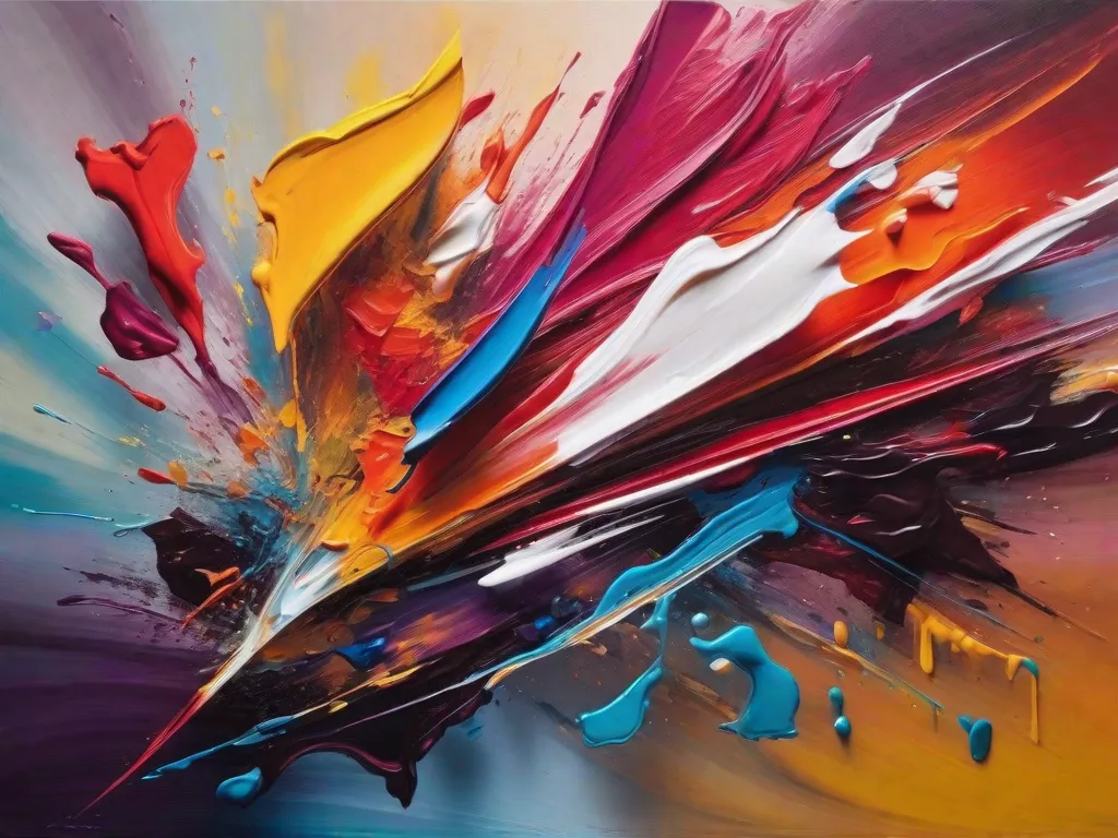 Uma imagem vibrante e dinâmica que mostra uma pintura a óleo contemporânea. Pinceladas ousadas e uma mistura de cores vibrantes criam uma composição abstrata que captura a essência das tendências atuais na pintura a óleo contemporânea. A imagem transmite energia e criatividade, refletindo as técnicas e estilos inovadores abraçados pelos artistas contemporâneos nesse