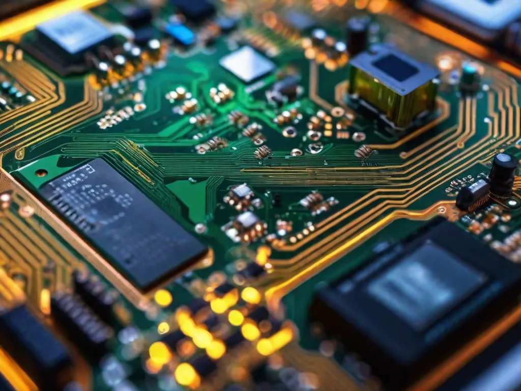 Uma imagem em close-up de uma placa de circuito, mostrando caminhos intricados e componentes eletrônicos minúsculos. As cores vibrantes e os padrões intricados representam a incorporação de elementos eletrônicos na tecnologia moderna, simbolizando inovação e avanço no campo da eletrônica.