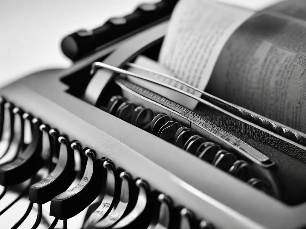 Descrição: Uma fotografia em preto e branco de uma máquina de escrever com uma folha de papel enrolada nela, capturando a essência da poesia tradicional. A imagem destaca a simplicidade e elegância da palavra escrita, simbolizando a arte atemporal e a criatividade da poesia brasileira.