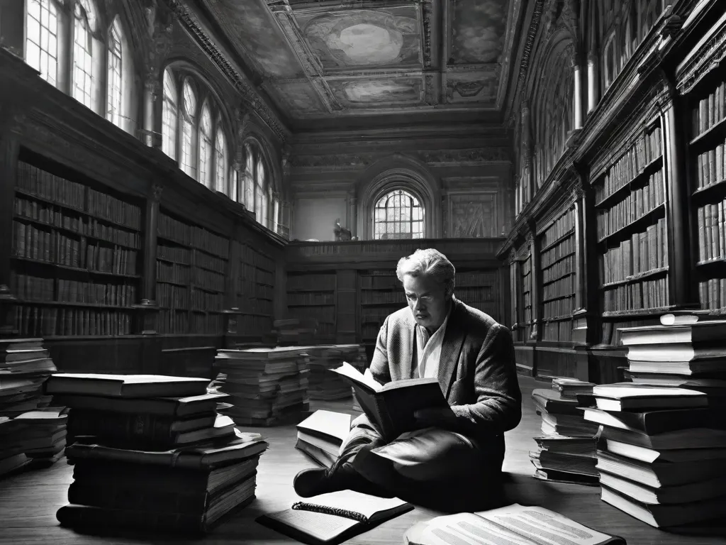 Uma imagem em preto e branco de uma pessoa sentada em uma antiga biblioteca, cercada por pilhas de livros. A pessoa está segurando um caderno desgastado, caneta na mão, recitando apaixonadamente um poema para uma pequena plateia. O ambiente está cheio de nostalgia e do poder das palavras faladas.
