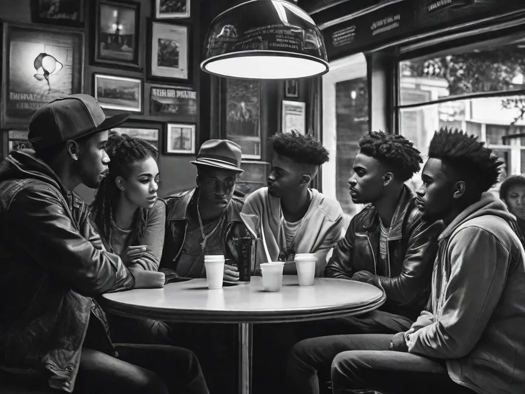 Uma imagem em preto e branco de um grupo de jovens poetas sentados em um café com pouca iluminação, juntos, em uma conversa profunda. Seus rostos refletem uma mistura de paixão, determinação e criatividade enquanto compartilham seus pensamentos e ideias, inspirando uns aos outros a ultrapassar os limites da expressão poética.
