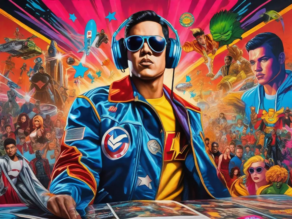 Uma vibrante pintura de arte pop que retrata uma mistura de símbolos icônicos e referências da cultura popular, como personagens de quadrinhos, pôsteres de filmes e ícones da música. As cores são ousadas e chamativas, refletindo a natureza energética e dinâmica da fusão entre cultura pop e arte contemporânea.