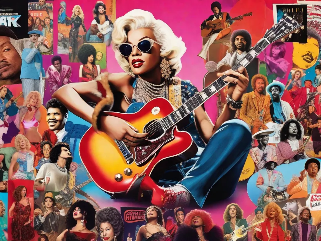 Uma imagem vibrante que mostra uma colagem de símbolos icônicos da cultura pop. Dos lábios vermelhos icônicos de Marilyn Monroe à lendária guitarra de Jimi Hendrix, essa festa visual captura a essência da cultura popular com sua variedade colorida e diversificada de imagens. É uma celebração dos ícones atemporais que moldaram nosso mundo.