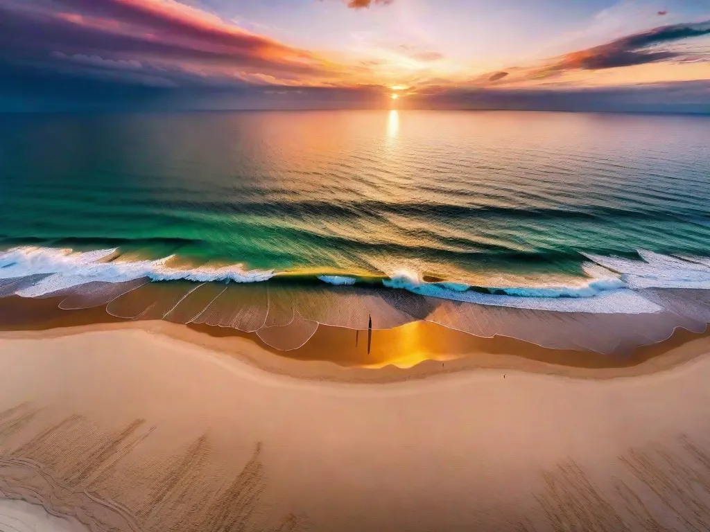 Imagem aérea de um pôr do sol deslumbrante sobre uma praia tranquila, capturada por um drone. As cores vibrantes do céu refletem nas águas calmas do oceano, criando um momento perfeito. A perspectiva do drone permite que os espectadores experimentem a beleza da natureza de um ponto de vista único e elevado.