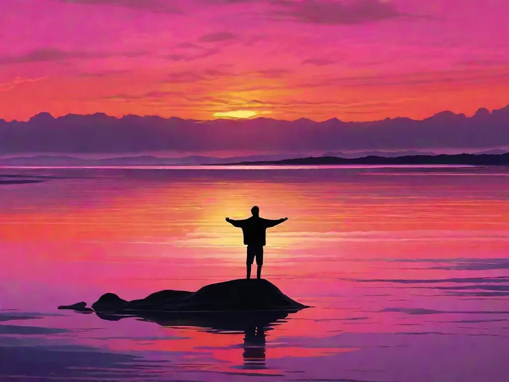 Descrição da imagem: Um pôr do sol vibrante sobre uma praia calma, com tons de laranja, rosa e roxo pintando o céu. A silhueta de uma pessoa pode ser vista em pé na beira da água, com os braços estendidos como se estivessem abraçando a beleza do momento. A imagem representa encontrar consolo e força na beleza da natureza para superar a tristeza