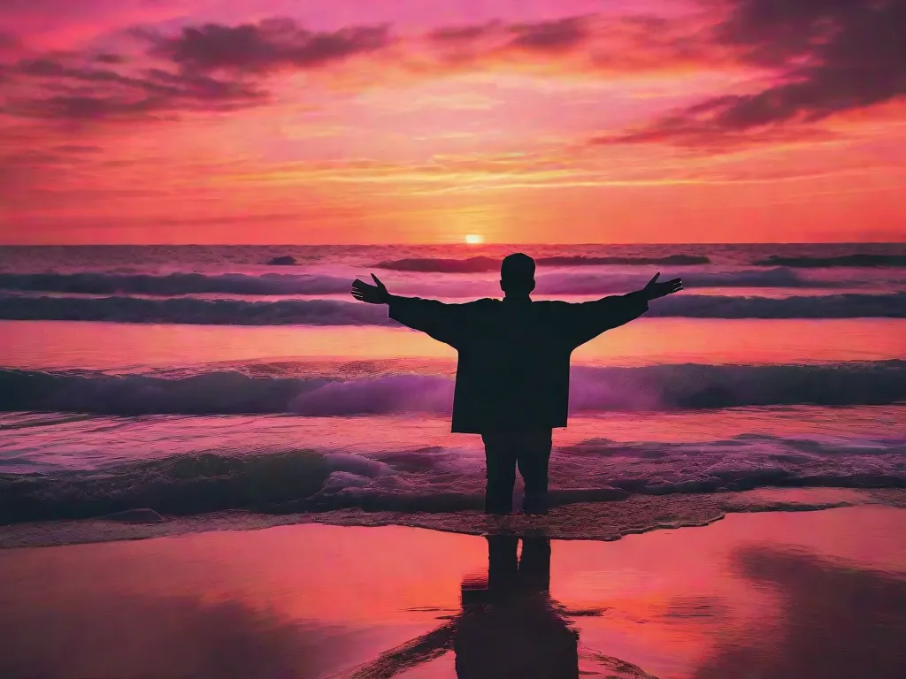 Descrição da imagem: 
Um pôr do sol vibrante sobre uma praia serena, lançando tons quentes de laranja e rosa no céu. No primeiro plano, uma silhueta de uma pessoa com os braços estendidos, desfrutando da beleza do momento. Essa imagem representa o amor avassalador de Deus, nos envolvendo e abraçando em Sua presença divina.