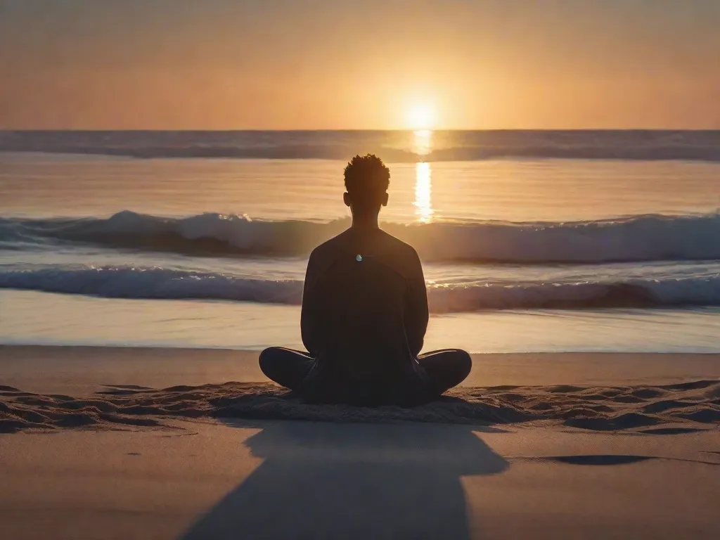 Uma praia tranquila ao amanhecer, com uma pessoa sentada de pernas cruzadas na areia, olhos fechados, praticando meditação. O suave brilho do sol nascendo ilumina a cena, simbolizando o poder transformador da meditação em trazer paz interior e crescimento pessoal.