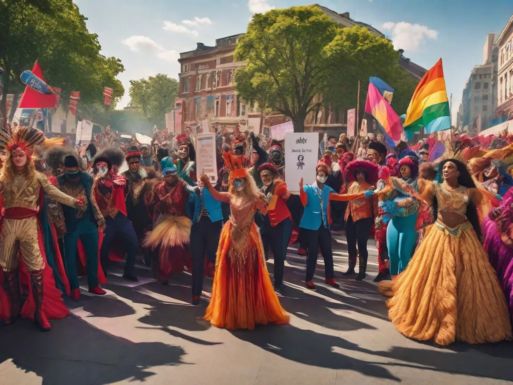 Uma imagem de uma multidão reunida em uma praça pública, segurando cartazes e faixas, enquanto um grupo de artistas vestidos com trajes vibrantes e máscaras ocupa o centro do palco. Seus movimentos poderosos e expressivos cativam a plateia, transmitindo uma mensagem de protesto através da arte da performance.