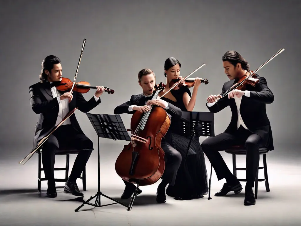 Descrição: Uma imagem em close-up de um quarteto de cordas se apresentando no palco. Os músicos estão vestidos com trajes modernos, mostrando a fusão de estilos clássicos e contemporâneos na música de câmara. A intensidade em suas expressões reflete a paixão e inovação que definem as novas tendências na música de câmara.