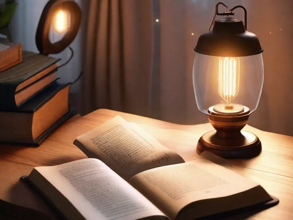 Um quarto aconchegante iluminado por uma suave lâmpada de cabeceira. Um par de óculos de leitura repousa sobre um livro, aberto em uma página cheia de palavras cativantes. O brilho suave cria uma atmosfera serena, convidando você a encontrar tranquilidade nas páginas antes de se entregar ao sono.