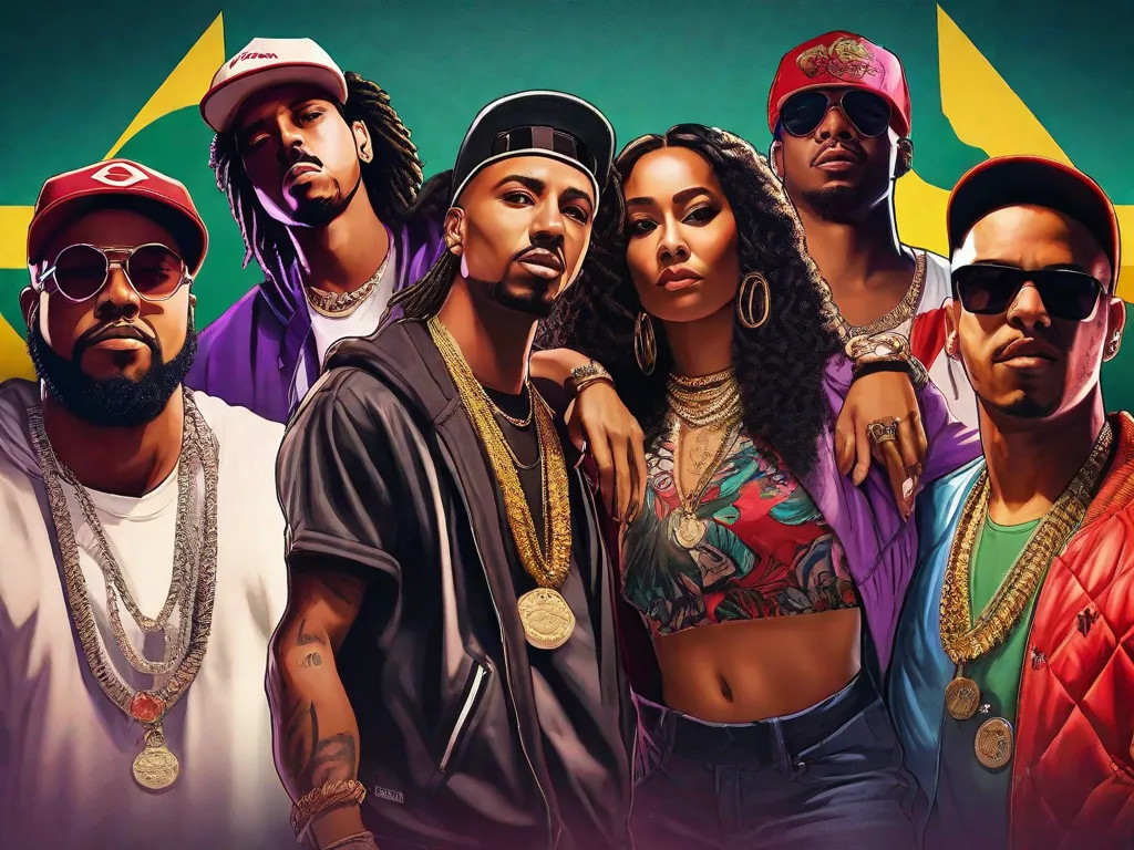 Uma imagem vibrante mostrando um grupo de talentosos artistas de hip-hop de diferentes regiões do Brasil, unidos no palco. Sua energia dinâmica e letras poderosas cativam o público, simbolizando o crescimento imparável e a influência da cena nacional do rap. A imagem captura a essência da união, criatividade e expressão cultural.