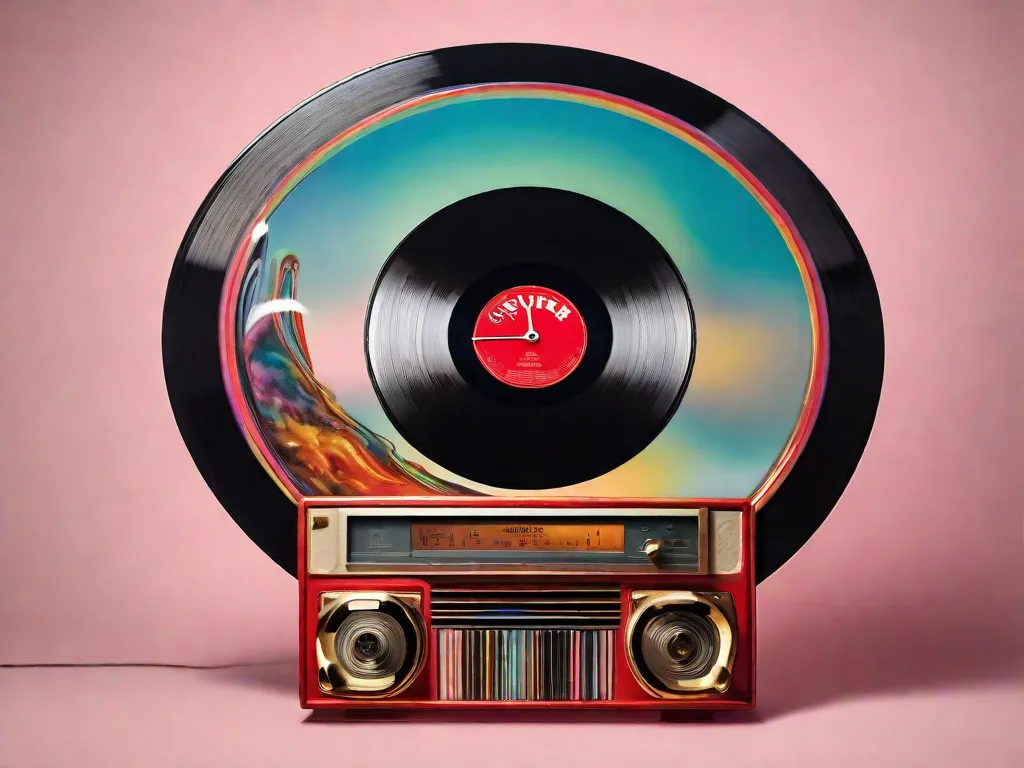 Uma imagem de um relógio derretendo sobre um disco de vinil clássico, simbolizando a fusão entre o tempo e a expressão artística. As cores vibrantes e formas distorcidas refletem a influência da cultura popular no surrealismo, borrando as fronteiras entre a realidade e a imaginação.