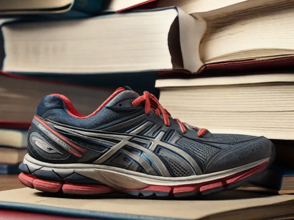 Uma imagem em close-up de um par de tênis de corrida desgastado, simbolizando a jornada de perseverança e resiliência. Os tênis estão cercados por uma pilha de livros com títulos como 