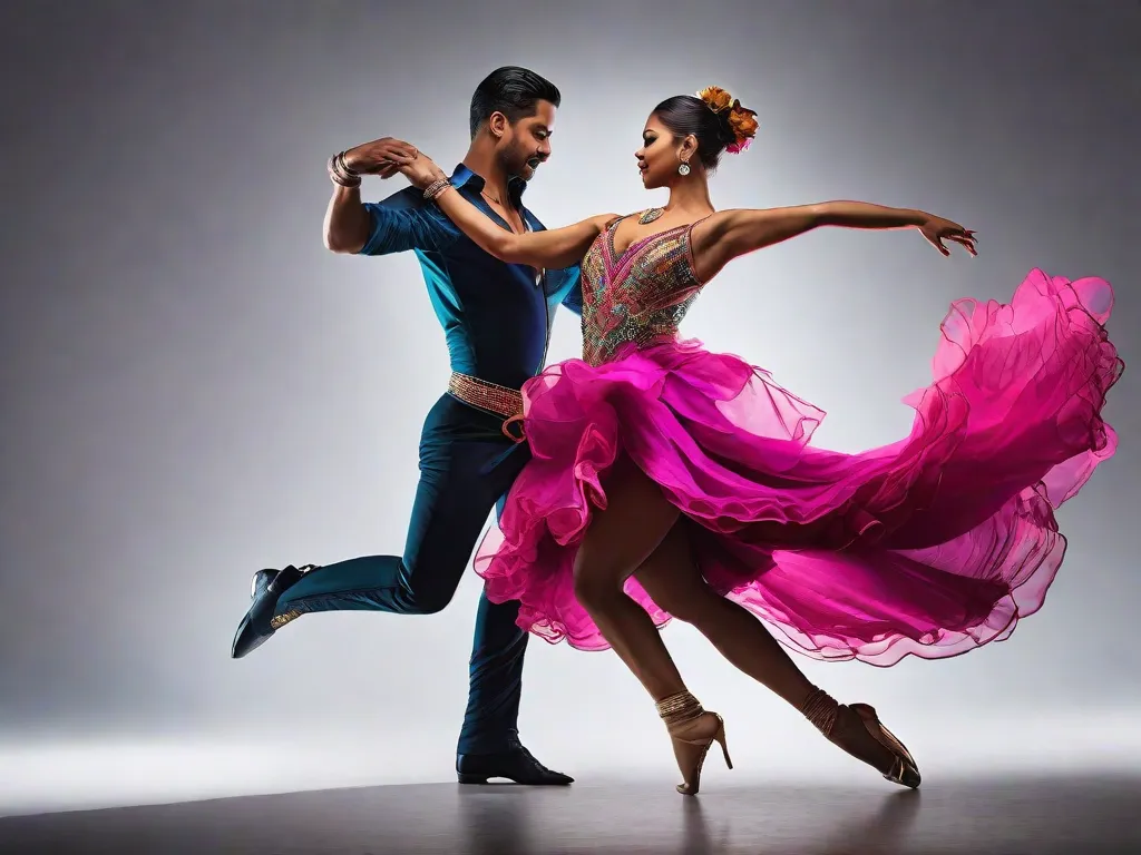 Uma imagem vibrante captura dois dançarinos entrelaçados em uma apaixonante dança de salsa. Seus corpos se movem graciosamente, enquanto exalam confiança e sensualidade. Os trajes coloridos e os movimentos dinâmicos transmitem a energia e o fascínio dessa cativante forma de dança.