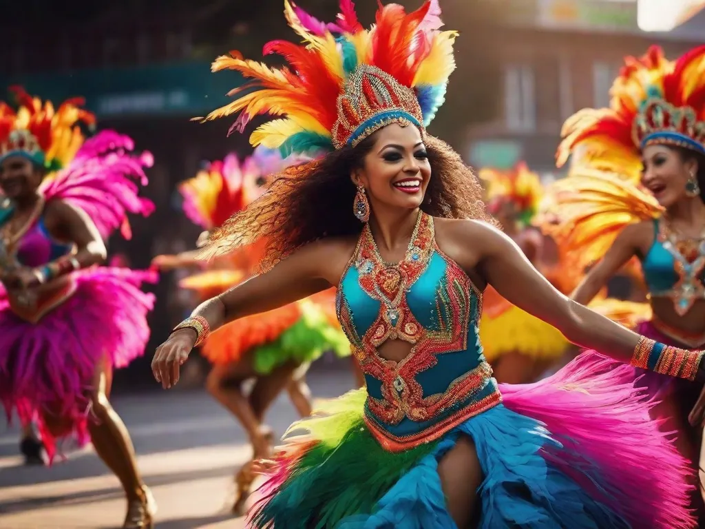 Uma imagem vibrante captura um grupo de dançarinos em trajes coloridos, movendo-se graciosamente ao ritmo do samba. Suas poses enérgicas e movimentos fluidos refletem o espírito contagiante deste estilo de dança brasileiro, inspirando coreografias dinâmicas e cativantes. A imagem exala alegria, paixão e a essência do balanço rítmico do