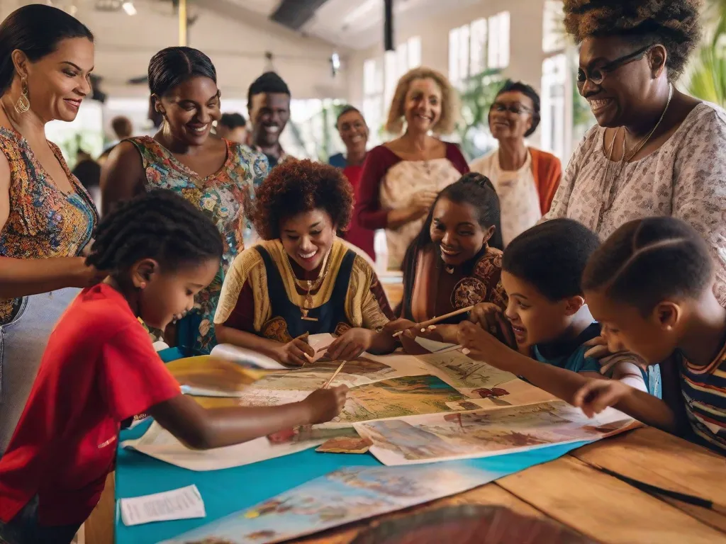 Uma imagem vibrante de um grupo diversificado de adultos envolvidos em várias atividades culturais no Sesc Ler São Lourenço. Alguns estão imersos em uma oficina de pintura, outros estão envolvidos em uma discussão de clube do livro, enquanto alguns estão praticando uma dança tradicional. O ambiente está cheio de entusiasmo, curiosidade e sede de conhecimento.