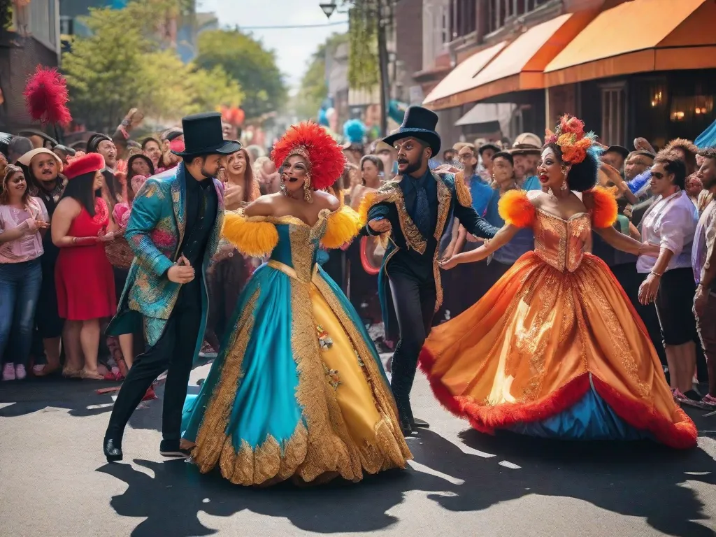 Uma imagem de uma vibrante performance de rua, com atores em trajes coloridos e maquiagem elaborada, cativando uma audiência diversa. Os artistas exalam energia e paixão, mostrando a natureza dinâmica do teatro de rua contemporâneo. A cena está cheia de risos, aplausos e um senso de comunidade se unindo para celebrar as artes.