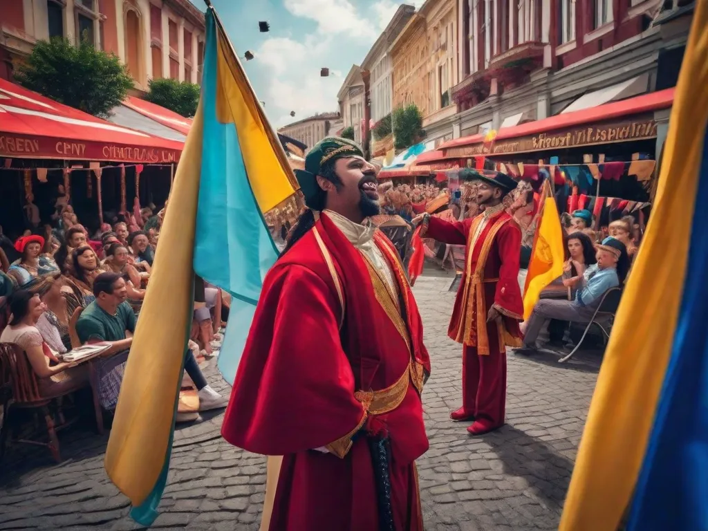 Uma imagem vibrante captura a essência do teatro de rua: uma praça movimentada da cidade adornada com bandeiras coloridas, onde talentosos artistas cativam a plateia com suas performances dinâmicas e energéticas. A imagem destaca a criatividade, paixão e inovação que definem o emocionante mundo do teatro de rua.