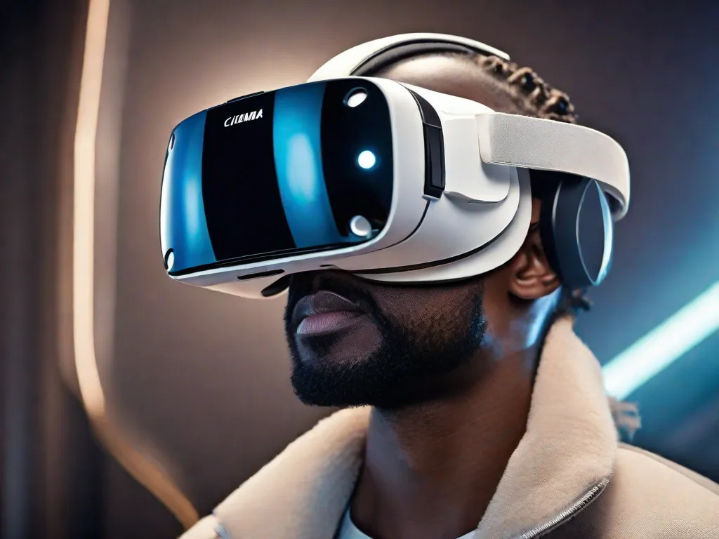 Uma imagem em close-up de um elegante e futurista headset de realidade virtual, mostrando como os avanços tecnológicos transformaram a experiência de ir ao cinema. A imagem captura a empolgação e a imersão que essas inovações trazem, convidando os espectadores a explorar o mundo da tecnologia cinematográfica de ponta.